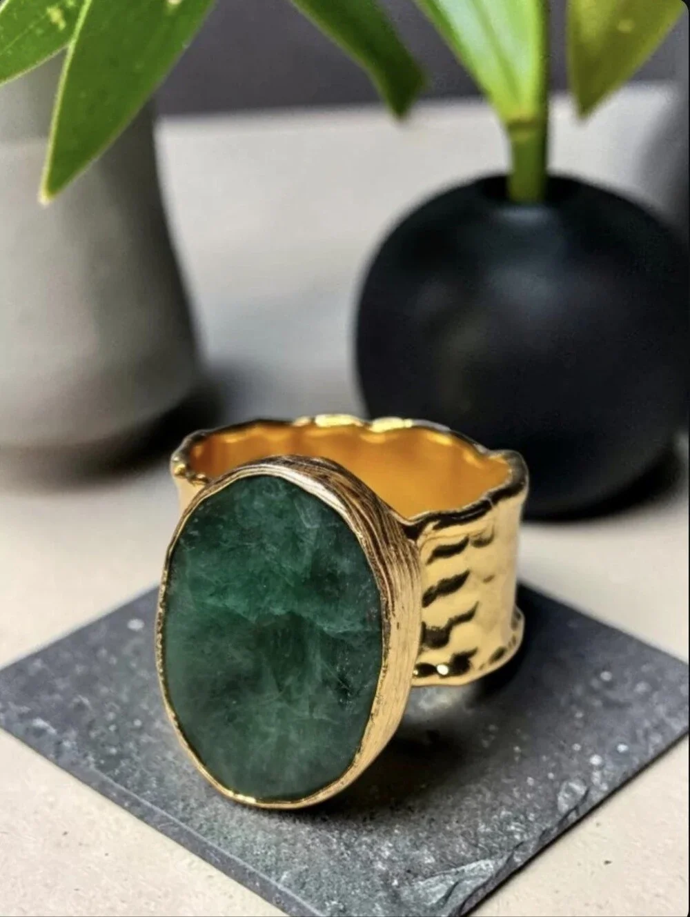 18k Gold Plated Hammered Chunky Artisan Genuine Natural Raw Emerald Beveled Ring